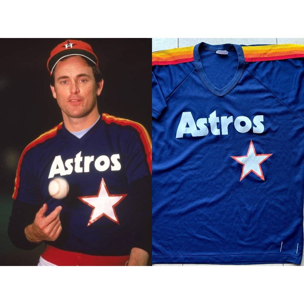 Houston Astros 80s RAWLINGS jersey shirt XL navy BP Rainbow Sunrise MLB vintage